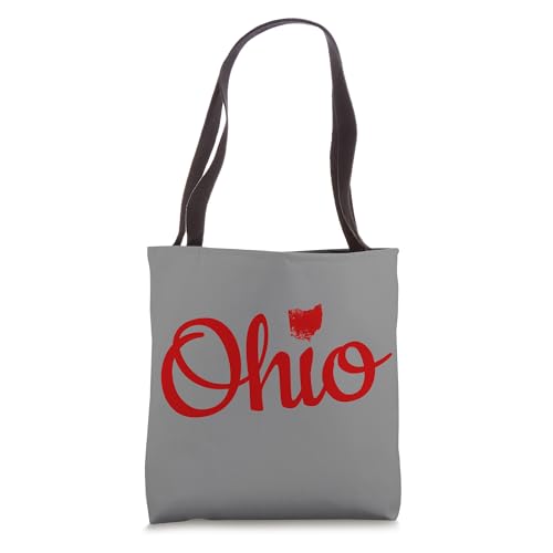 Bolso tote con diseño de mapa de Ohio en rojo y texto 'OH' y 'Love Home', para mostrar orgullo por el estado de Ohio miniatura 1