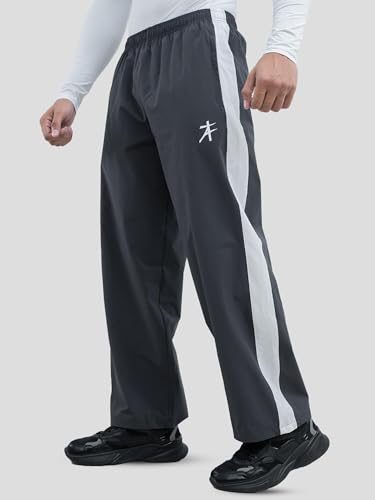Image of Athflex Classic Stripe Pants for Men Straight Fit Lightweight Parachute Fabric Track Pants Men Athletic Bottom Wear Casual Street Style Lounge Pants Coal Grey