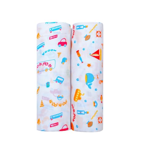 Image of Swaddle for Babies -100% Muslin Cotton Soft 2-Layer Swaddle /Blanket /Multipurpose Wrap for New Born Baby Girl & Boy 90X90 cm, 0-6 Months, Set of 2, Traffic & Aqua Print