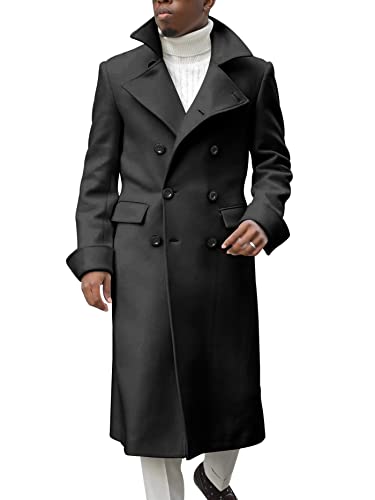 Ebifin Men's Notch Lapel Double Breasted Long Trench Coat Casual Cotton Blend Peacoat3