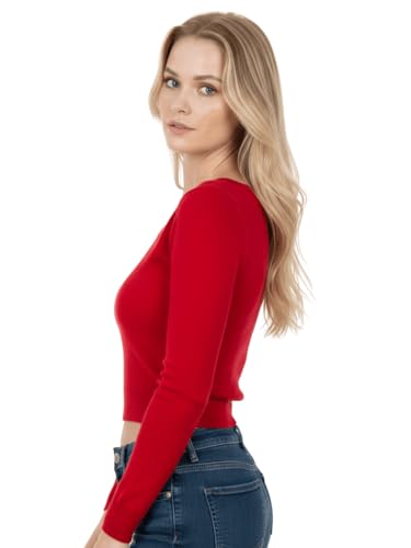 Image of Women's Crop Top Stretch Sweater - Long Sleeve Slim Bodycon Crewneck Casual Basic Solid Cropped Knit Pullover Top