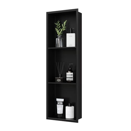 Qeke Stainless Steel Shower Niche 12" X 36", No Tile Needed Wall Niche Three-Tier, Recessed Shower Shelf for Bathroom Storage, Matte Black by Qeke - Used condition - US$120.50