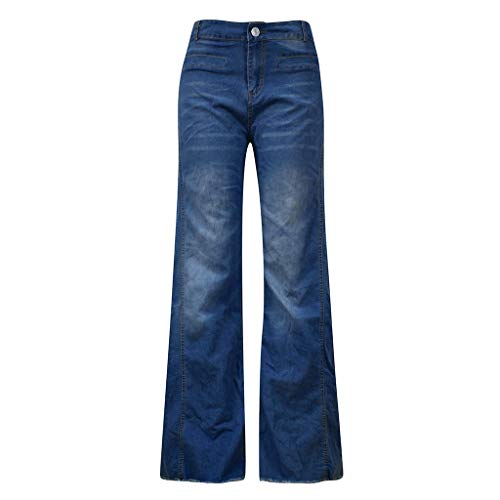 iYYVV Women Flare Jeans Button Waist Bell Bottom Wide Leg Denim Pants Long Trouser Blue - Thumbnail 5