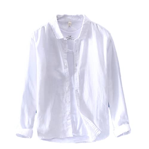 Chemise à manches longues homme coton lin blanc vêtement été léger L