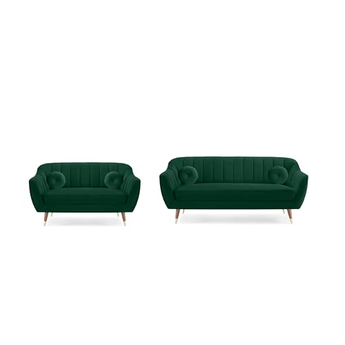 Image of AMATA Marino 3+2 Seater Green Suede Velvet Fabric Sofa Set with Two Cushions Perfect for Home Office Guests Living Room with 3 Year Warranty (04 Green, 3+2 Seater)