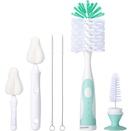 Image of CAREBABYMORE Baby Bottle Brush Set with Nipple Cleaner and Suction, 10.2" Cleaning Brush and 6.5" Sponge Bottle Brush with A Replacement Brush Head and Two 6.7" Straw Brushes, Pack of 5 (Green)