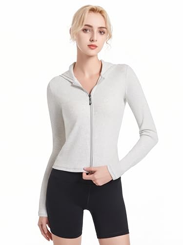 Abonlen Ribbed Hoodies for Women Lightweight Full Zip Up Jackets Long Sleeves Tops Fitted Cropped Sweatshirt - Image 2