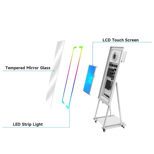 Lustrzana fotobudka ze światłem wypełniającym, przenośny ekran dotykowy Magic Mirror Booth Machine + Mini PC (I5, 8 GB RAM, 256 GB SSD) + etui lotnicze