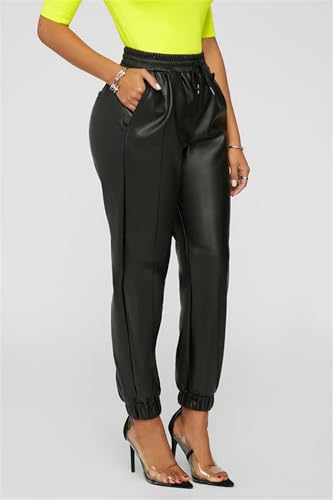 Women's Faux Leather Jogger Pant Casual Elastic Mid Waist Drawstring Joggers Wide Leg PU Leather Trousers4