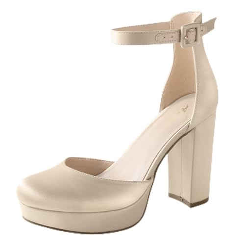 Image of Ankis Black Platform Closed Toe Heels for Women, Womens Heels Closed Round Toe Chunky Block Pumps Shoes, 4 Inch