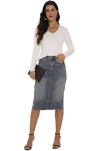 GUANYY Womens Denim Skirt-High Waisted Knee Length Slim Fit Pencil Stretch Jean Skirt2