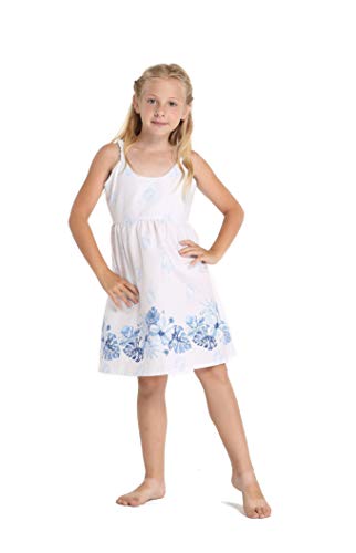 Girl Hawaiian Classic Empire Dress with Elastic Strap in White with Blue Hibiscus4