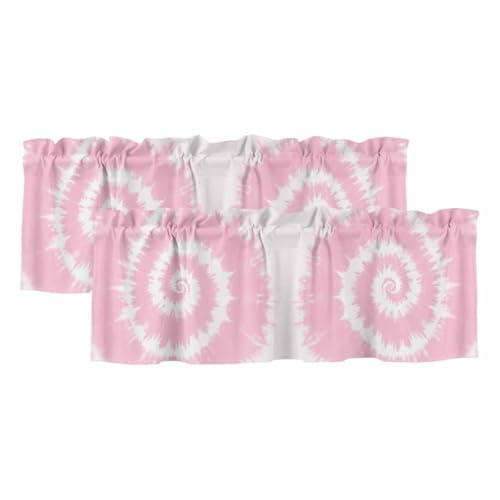 2 Pack Valances for Windows Watercolor Pink White Vortex Kitchen Valance Curtain Window Treatment Topper, Vintage Traditional Ethnic Tie-dye Rod Pocket Short Curtains for Bedroom Living Room 42x12in