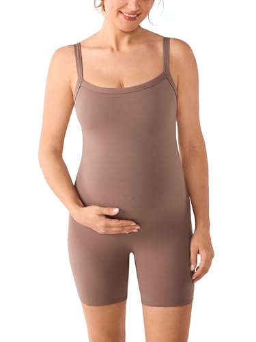 MOMANDA Padded Maternity Bodysuit Shorts Pregnancy Jumpsuit Sleeveless Tank Top Romper Shapewear Brown Purple Small