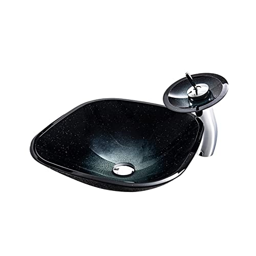 Lavandino da appoggio per Bagno, lavabo da appoggio in Vetro temperato Artistico, lavabo da appoggio Quadrato con Cielo Stellato Nero, Installazione da appoggio, lavandini per Mobile da bagn