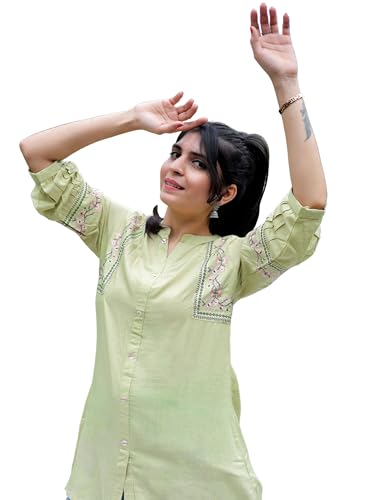 Image of Women's Viscose Rayon Embroidered A-Line Short Kurti Above Knee Regular Fit Tunic Top Office Wear Casual short kurti for women | office wear top | A-line kurti | raksha bandhan gift dress for women