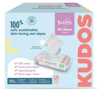 Kudos Skin-Loving Baby Wipes, Plastic-Free, Unscented, 180 Count, 60 Count Pack of 3