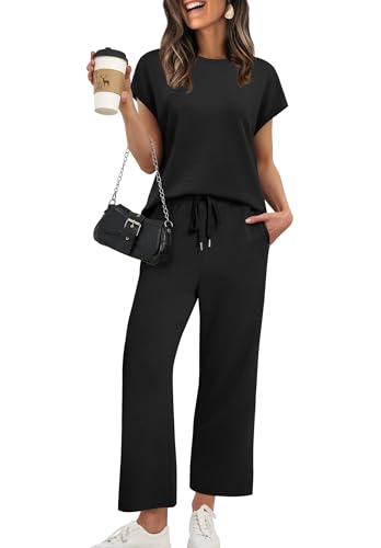 XIEERDUO Womens Lounge Sets Summer Trendy 2 Piece School Outfits Spring Travel Loungewear Cap Sleeve Vacation Tracksuits Airport Track Suit Wide Leg Cruise Wear Matching Clothes Clothing Black M