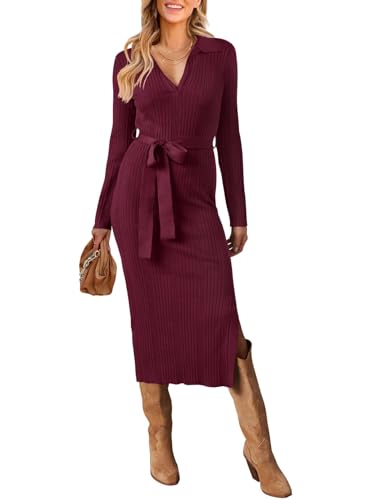 MEROKEETY Women's 2025 Fall Sweater Dress Long Sleeve Collared V
