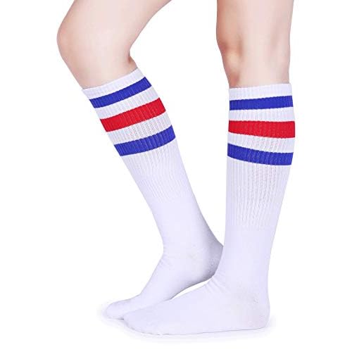 Pareberry Classical Triple Stripes Soft Cotton Over-the-Calf Retro Tube Socks One Size A-pair(blue/Red/White)