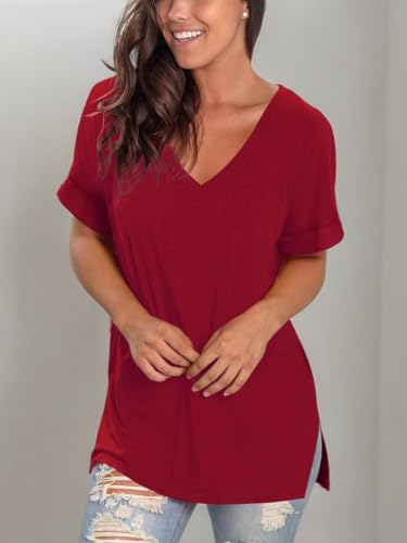 Image of Sampeel Women's V Neck T Shirts Casual Rolled Short Sleeve Side Split Summer Tops Loose Fit