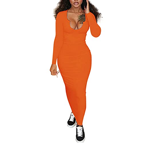 Image of Women Bodycon Maxi Tank Dress, Sexy Deep U Neck Ribbed Solid Color Party Wrap Long Dresses