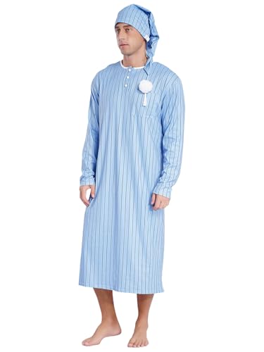 Men's Striped Loose Sleepwear Long Sleeve Nightshirt Night Pajama Set with Sleeping Cap2