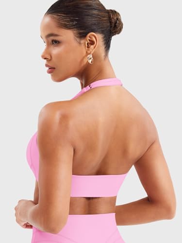 Image of YEOREO Women Halter Sports Bra Light Support V Neck Padded Strappy Open Back Workout Gym Tops