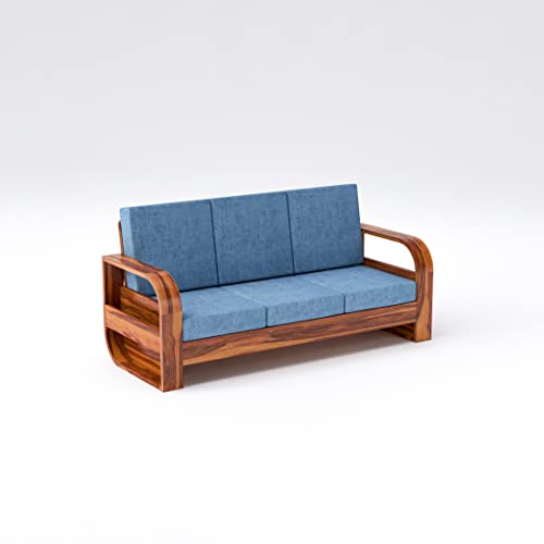 Image of Douceur Furnitures Solid Sheesham Wood 3 Seater Sofas | Three Seater Sofa for Living Room, Cafe, Office | (Honey Teak Cushion Sky Blue)