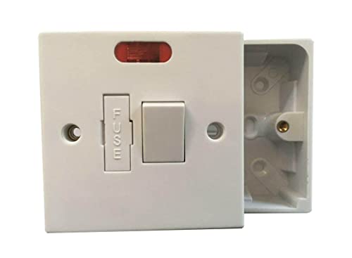 Interruptor de pared de 13 amperios con fusible de 13 amperios, color blanco cuadrado estándar con indicador de neón rojo con caja trasera de 25 mm