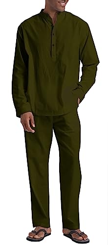 SIENDIU Herren-Leinensets, Henley-Shirts, 2-teilig, Urlaubs-Outfits, Strandkleidung, Freizeitanzug, Langarm-Shirt, Yogahose, Sommer, Grün (Army Green), Large