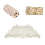 3PCS Newborn Baby Photography Props Soft Faux Fur Mat Basket Stuffer Rug Handmade Pearl Long Ripple Wrap Blanket with Headband Newborn Photo Shoot Props