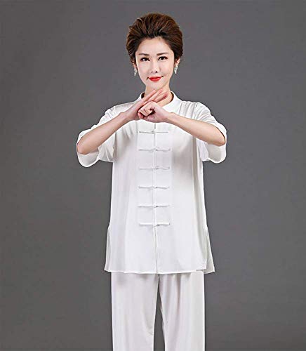 JY&WIN Ropa de Tai Chi para Mujer,Uniformes de Tai Chi Tradicional Chino de Manga Corta de Seda - para Hombres de Entrenamiento,Blanco-XL
