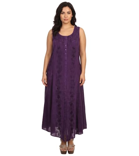 Image of Sakkas Maya Floral Embroidered Sleeveless Button Up Rayon Dress
