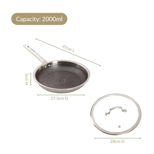 Image of Nestasia Triply Stainless Steel Honeycomb Fry Pan with Glass Lid 26 cm (2L) - Non Stick Frying Pan with Air Vent Lid for Healthy Cooking | Induction & Gas Stove Friendly, Even Heating, Less Oil Use