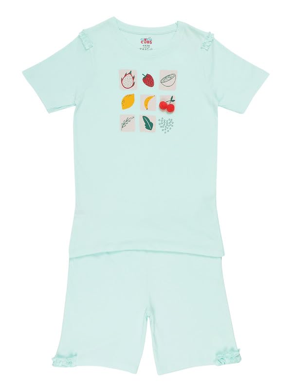 Image of Clovia Tweens Cotton Printed Top & Shorts Set - Blue