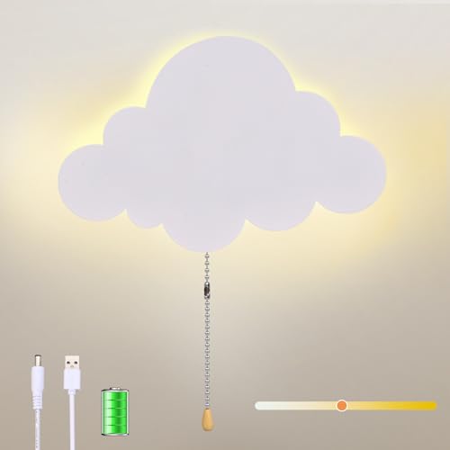 KZT LED Wandleuchte mit Zugschalter Wolke Kinderzimmer Wandlampe Batteriebetriebene USB Aufladbare Nachtlamp 3 Farben Einstellbar Nachtlicht für Babyzimmer Schlafzimmer Kindergarten, 22cm