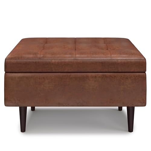 SIMPLIHOME Shay 34 inch Wide Mid Century Modern Small Rectangle Coffee Table Storage Ottoman in Distressed Saddle Brown Vegan Faux Leather, Assembled, For the Living Room, Entryway and Family Room