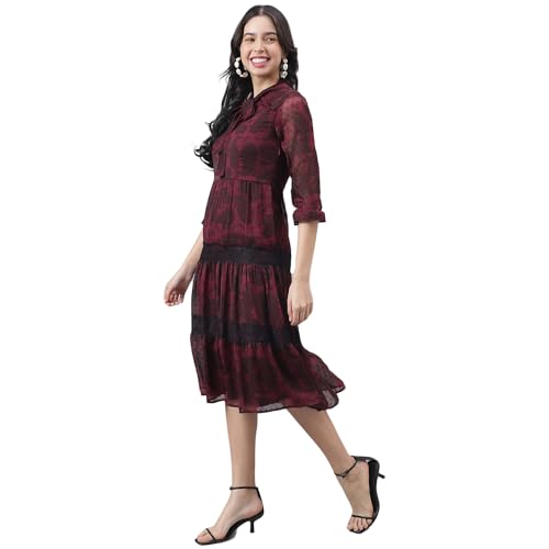 Image of Latin Quarters Women Maroon 3 /4 Sleeve Tie-Up Neck A-Line Dress