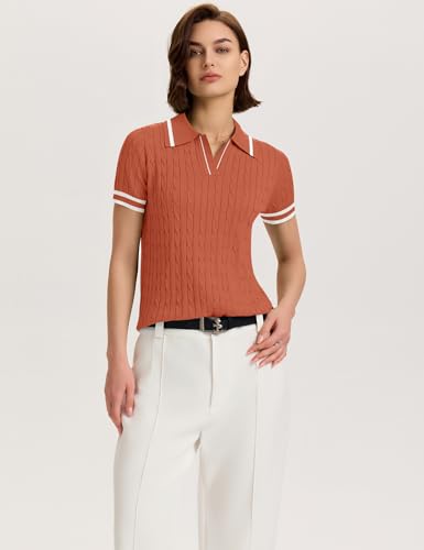 Image of Micoson Womens Short Sleeve Sweater Tops Lapel V Neck Polo Shirts 2026 Summer Cable Knit Loose Blouse Business Casual Outfits
