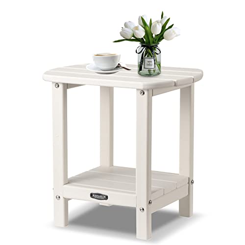 Rxoliotn Outdoor Morden Side Table, 16.6'' Patio Table Double Layer Hdpe End Table, Outside Plastic Resin Side Table, Weather Resistant Small Side Table For Pool, Porch,Lawn & Garden (White) #TOP2