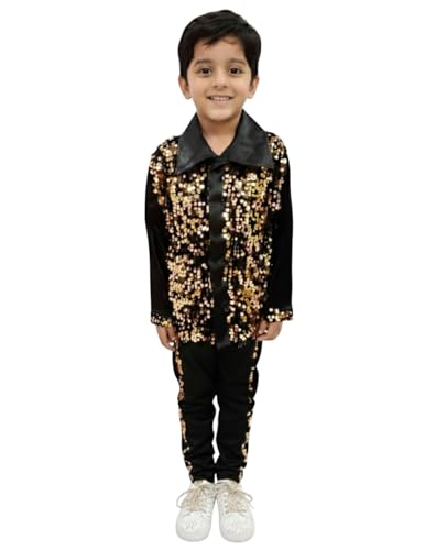 Image of BookMyCostume Western Dance Costume for Boys - Black & Golden Sequin Collared Shirt & Pants Set | Annual Day Dance Dresses & Fancy Dress for Stage Shows & Performances | 4-5 Years
