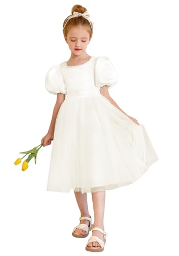 MCieloLuna Satin Tulle Flower Girl Dress Puffy Short Sleeve O Neck Pearls Girls Pageant Princess for Wedding Gowns with Bow