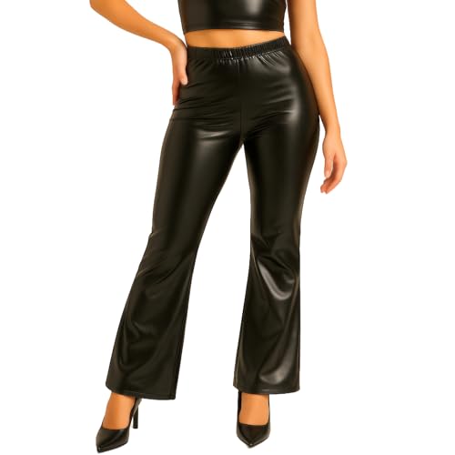 Pantalon Femme Cloche Métallisé, Taille Haute, Faux Cuir Élastique; Pantalon Flare Années 70 Disco, Leggings de Club de Fête Brillants, Ceinture...