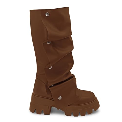 Women's Combat Mid-Calf Chunky Boots Detachable Pull-On Wide Calf Panel Shark Platform Boots Round toe Party Dress Boot3