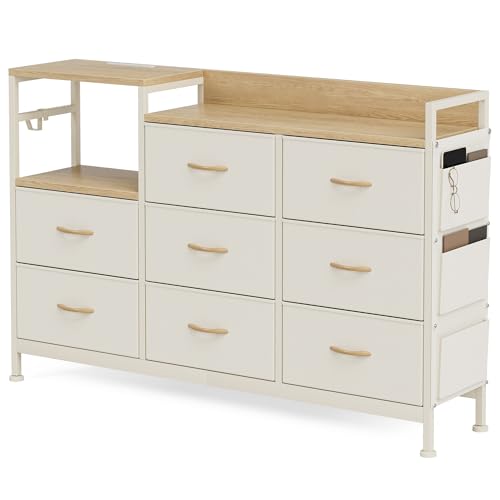 IKIFLY チェスト収納 タンス 棚付き 箪笥 リビング収納 箪笥 ワイドチェストLEDライト付きおしゃれ 収納ケース 引き出し 大容量 北欧 USBポート付き洋服タンス 布製 収納ボックス シンプル 整理タンス 寝室収納 一人暮らし3段8杯 【幅132×奥行29×高さ88cm】 (ベージュ)