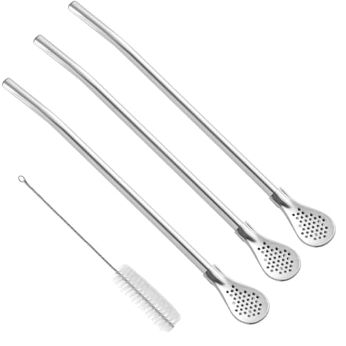 KEQAR Juego de 3 bombillas de acero inoxidable plateado 18 cm, forma cuchara, aptas para lavavajillas, con cepillo limpiador