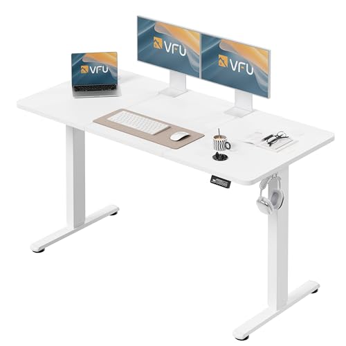 VFU Höhenverstellbarer Schreibtisch 140 x 60 cm, Schreibtisch Höhenverstellbar Elektrisch mit Memory Funktion, Stehpult, Verstellbarer Tisch, Computertisch für Büro, Standing Desk, Weiß