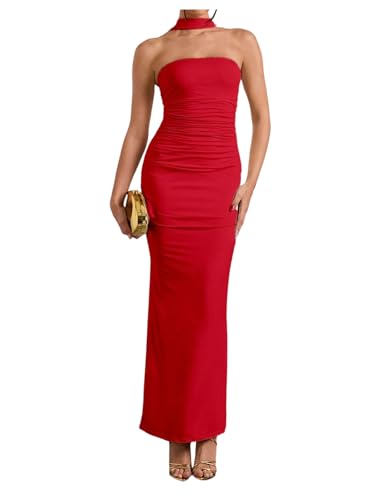 Image of Milumia Women's Halter Neck Ruched Strapless Sleeveless Tube Bodycon Maxi Dresses