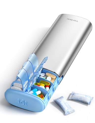 Image of Vaydeer Metal 7 Day Pill Organizer 2 Times a Day - AM PM Weekly Travel Pill Case with Moisture-Proof Desiccant, Airtight Large Capacity Pill Box for Vitamins, Medications & Supplements (Silver)